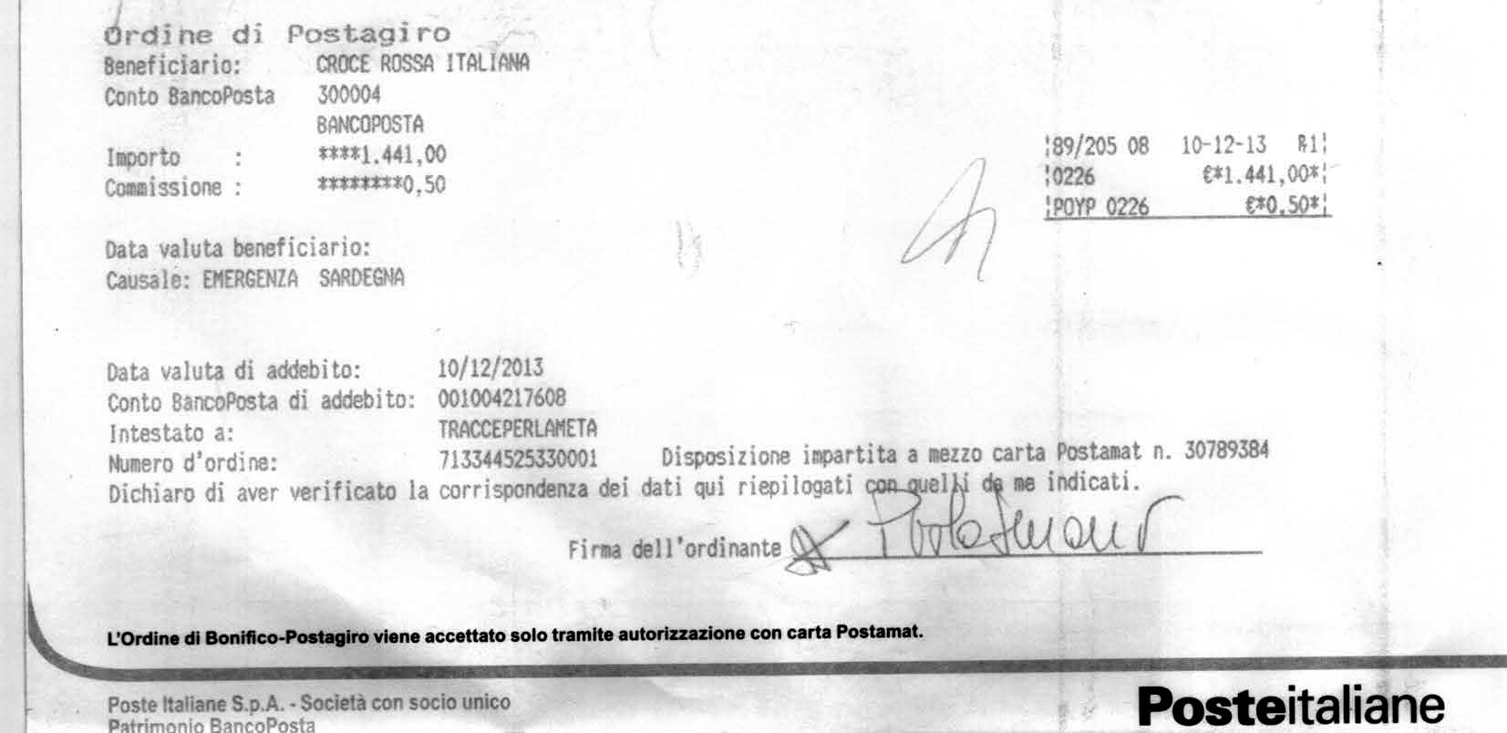 10 dicembre 2013 – EMERGENZA SARDEGNA – Versamento Croce Rossa Italiana