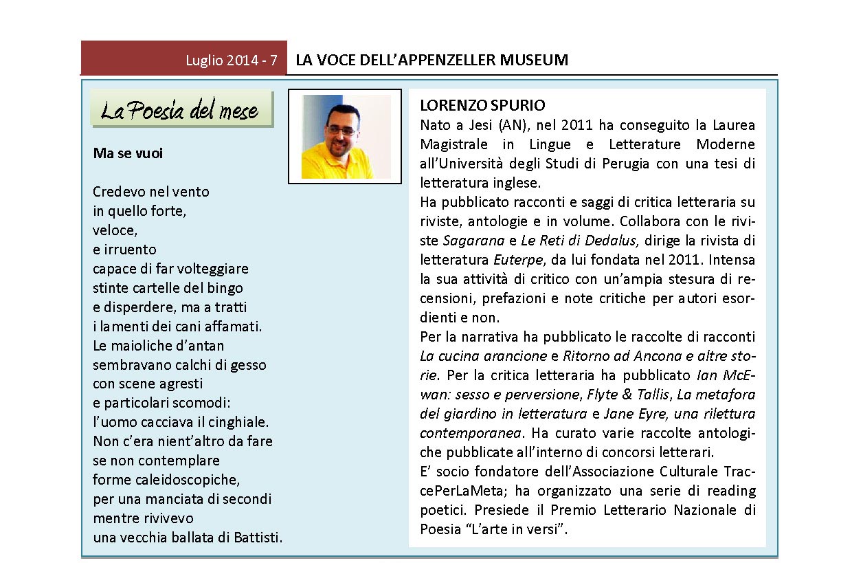 Luglio 2014, n.7, La Voce dell’Appenzeller Museum – Lorenzo Spurio, Poeta del mese