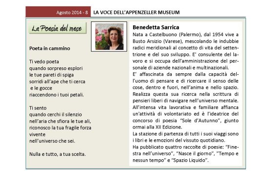 Agosto 2014, n.8, La Voce dell’Appenzeller Museum – Benedetta Sarrica, Poeta del mese