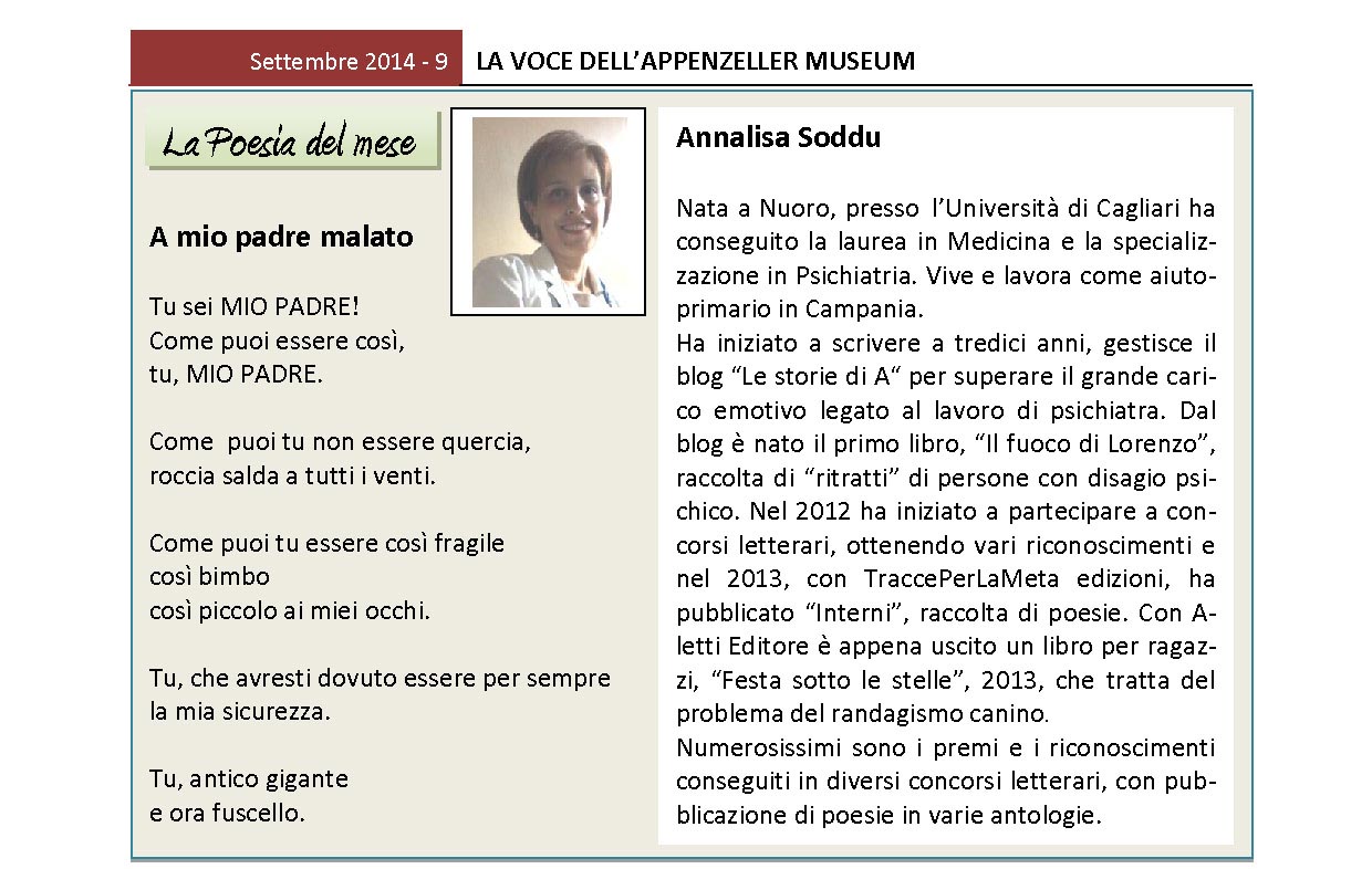 Settembre 2014, n.9, La Voce dell’Appenzeller Museum – Annalisa Soddu, Poeta del mese