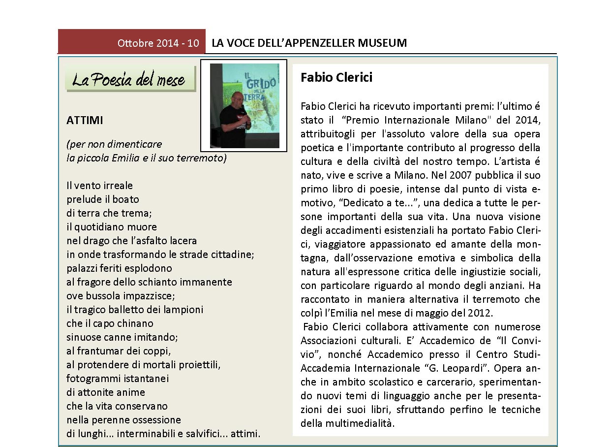 Ottobre 2014, n.10, La Voce dell’Appenzeller Museum – Fabio Clerici, Poeta del mese