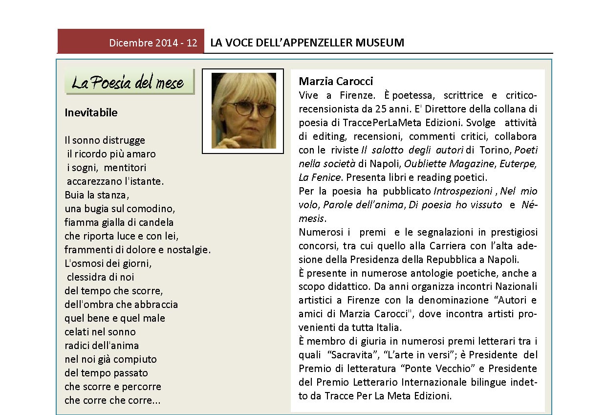 Dicembre 2014, n.12, La Voce dell’Appenzeller Museum – Marzia Carocci, Poeta del mese