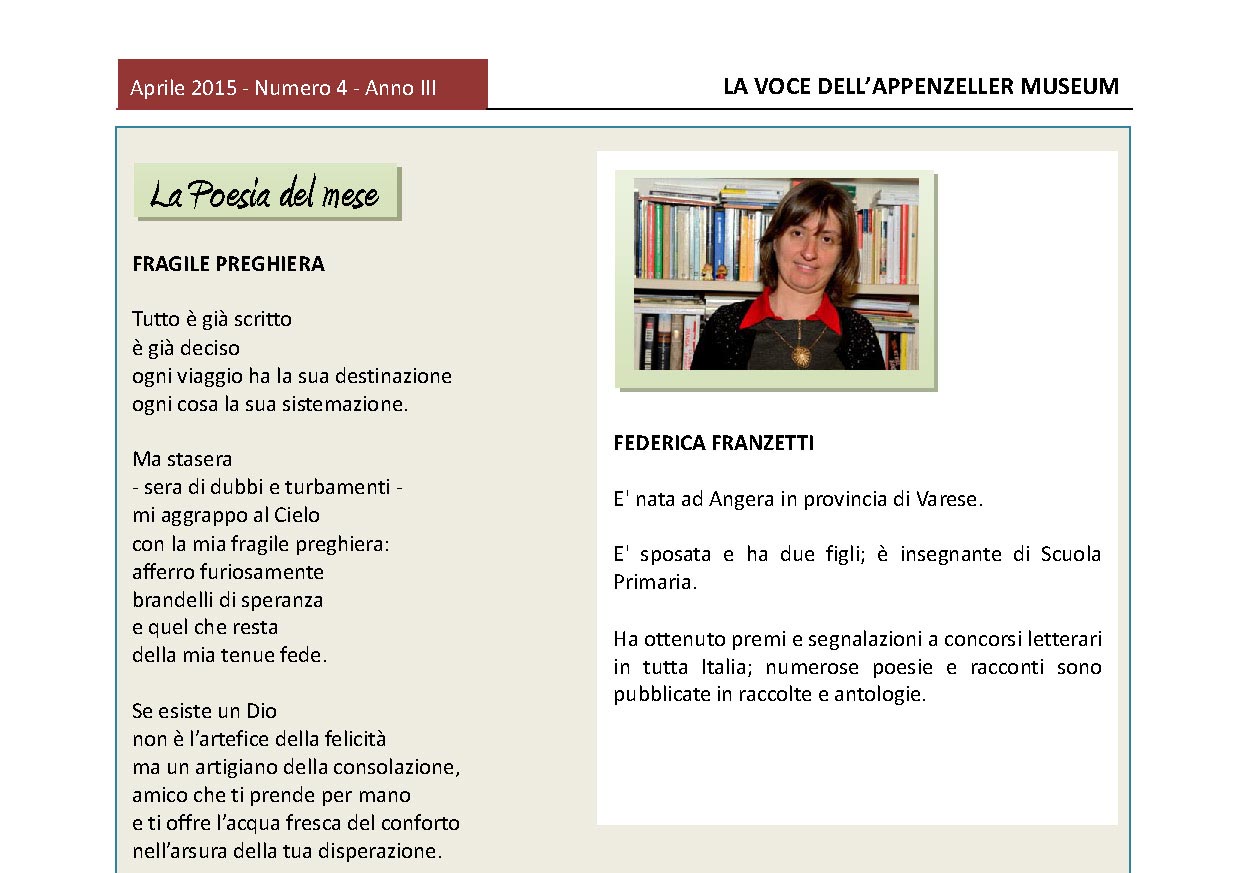 Aprile 2015, n.4, La Voce dell’Appenzeller Museum – Federica Franzetti, Poeta del mese