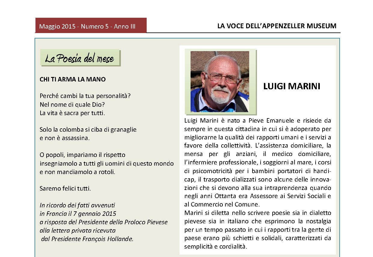 Maggio 2015, n.5, La Voce dell’Appenzeller Museum – Luigi Marini, Poeta del mese