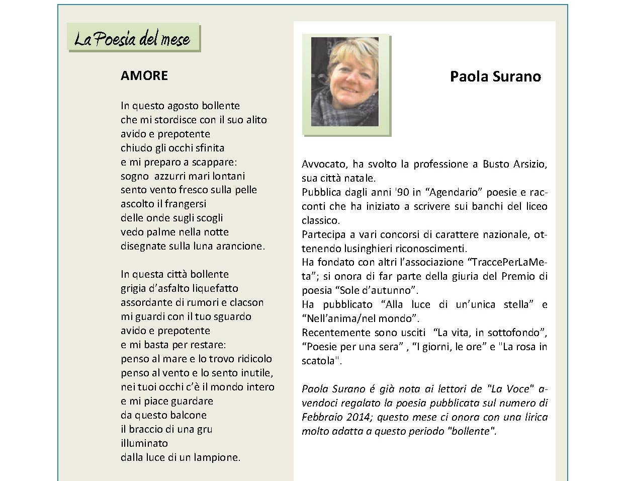 Agosto 2015, n.8, La Voce dell’Appenzeller Museum – Paola Surano, Poeta del mese