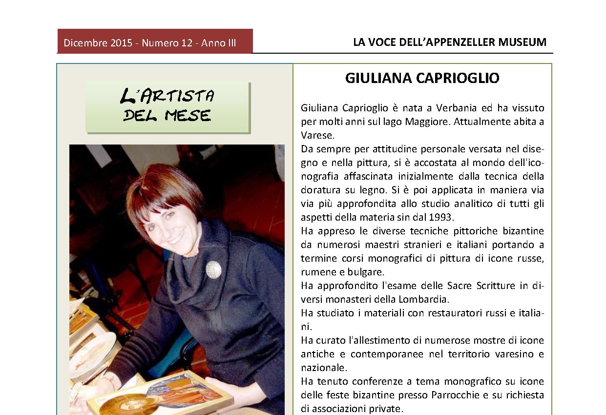 Dicembre 2015, n.12, La Voce dell’Appenzeller Museum – Giuliana Caprioglio L’artista del mese