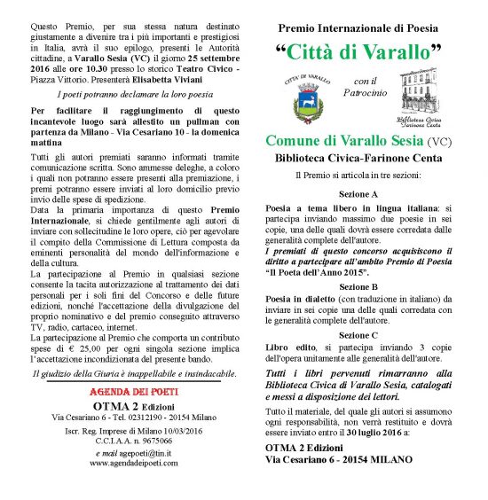 Scadenza 30.6.2016 – Premio Internazionale di Poesia “Città di Varallo”