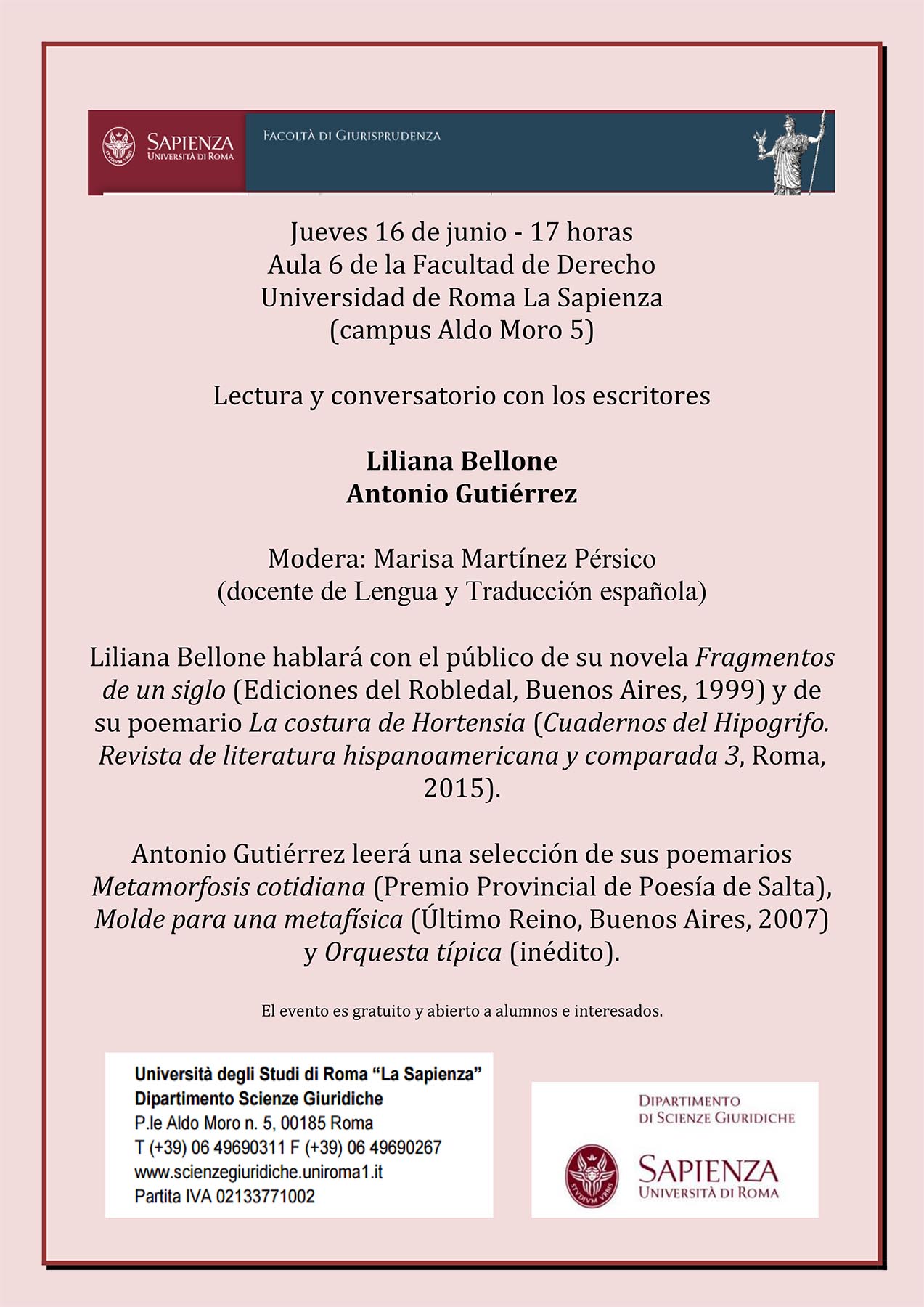 Jueves 16 de junio – Invitación “conversatorio” con los escritores Liliana Bellone/Antonio Gutiérrez