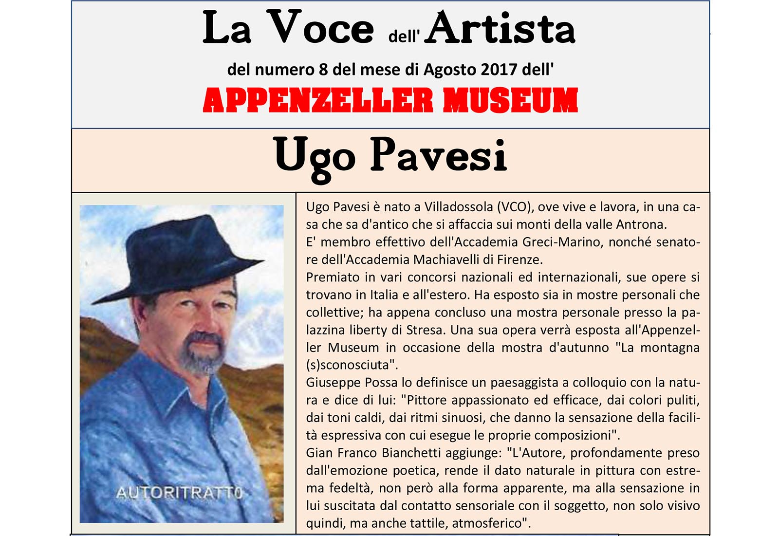 Ugo Pavesi, La Voce dell’Artista – Agosto 2017, n.08, La Voce dell’Appenzeller Museum