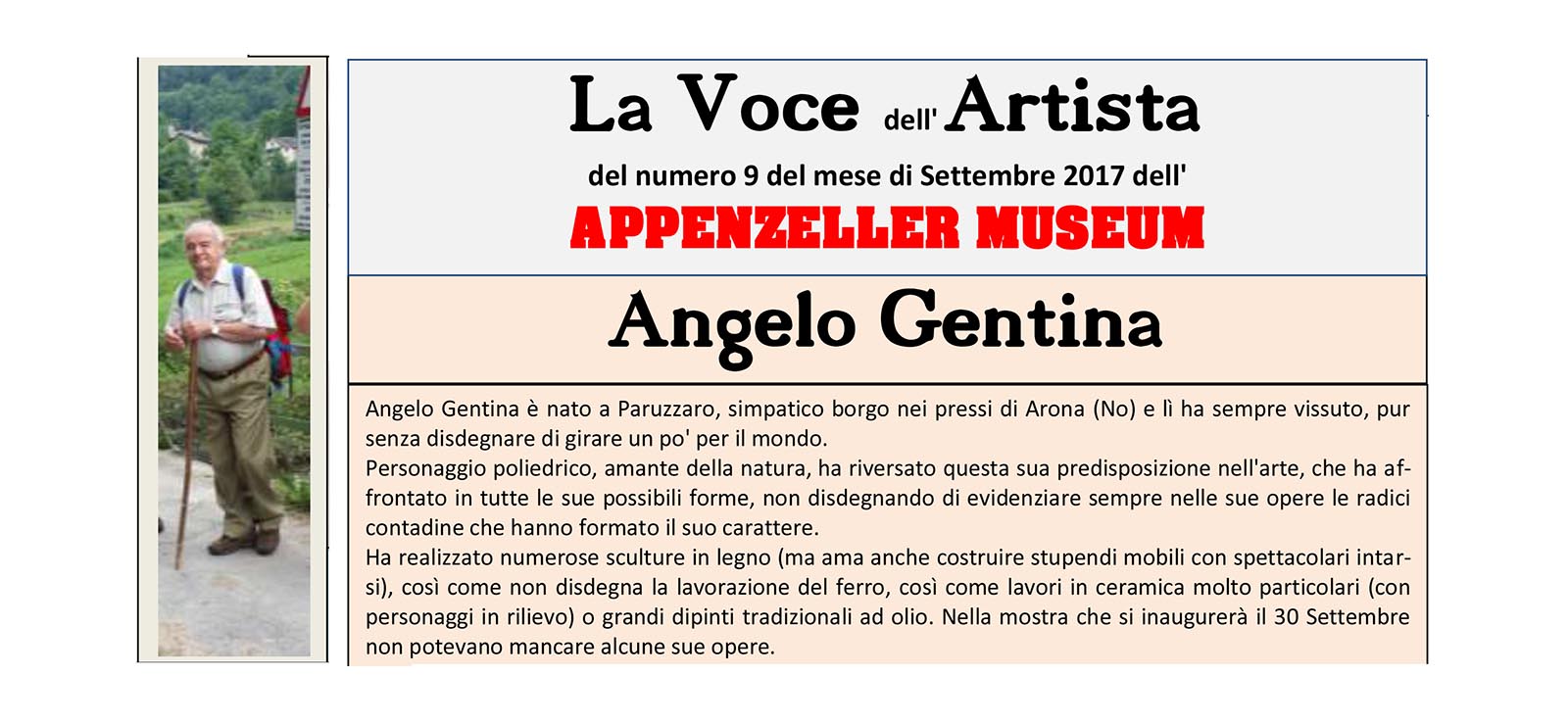 Angelo Gentina, La Voce dell’Artista – Settembre 2017, n.09, La Voce dell’Appenzeller Museum