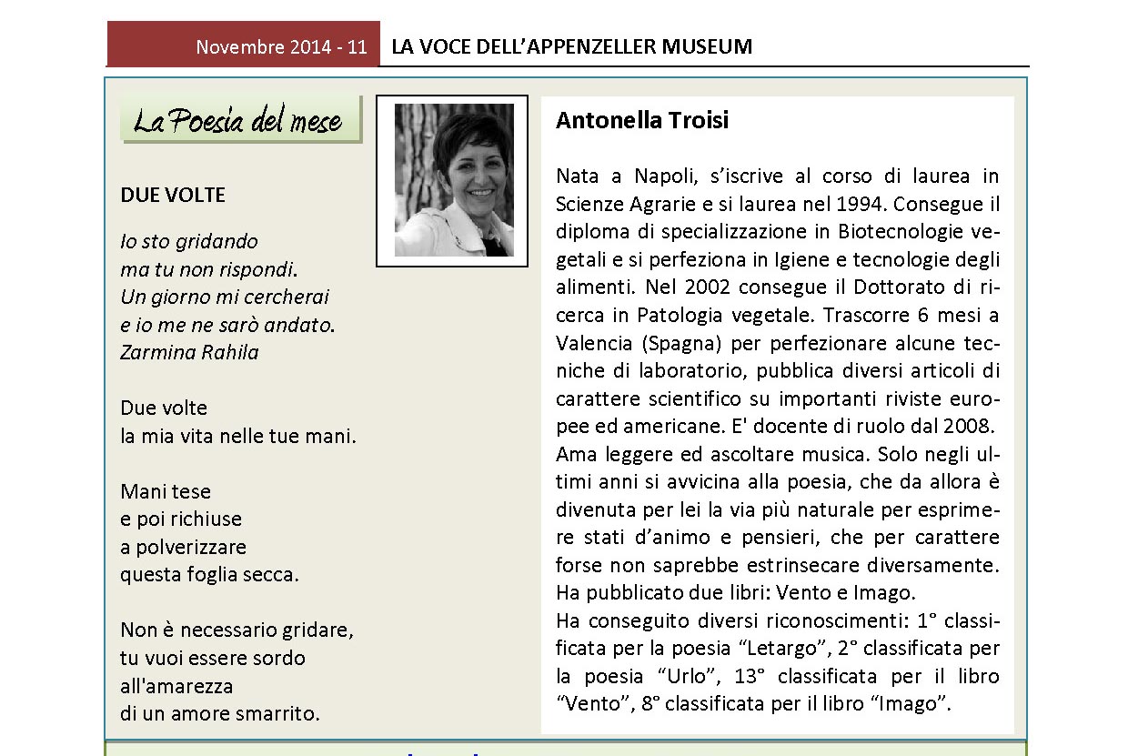Novembre 2014, n.11, La Voce dell’Appenzeller Museum – Antonella Troisi, Poeta del mese